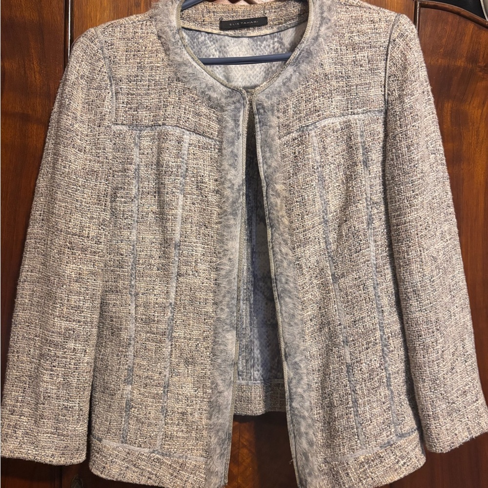 Elie Tahari Gray Tweed Amber Blazer Structured Suit Jacket